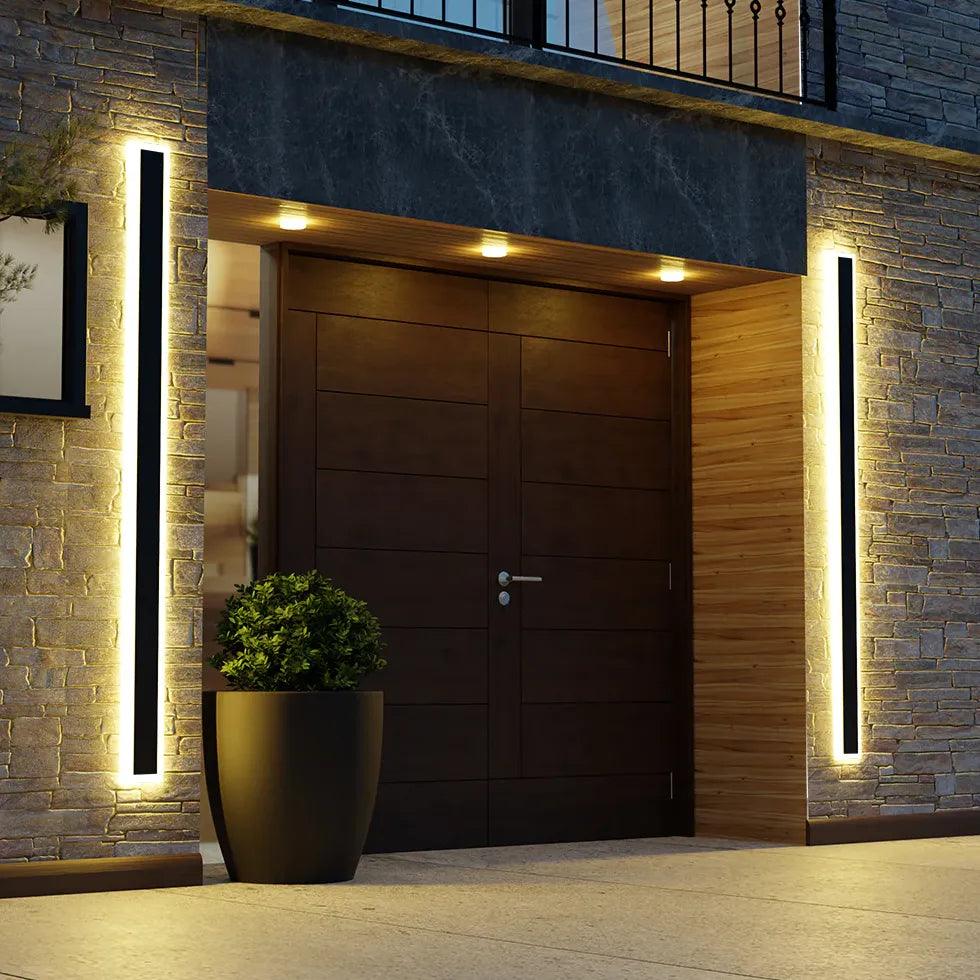 Sleek modern outdoor LED wall light with black frame and white acrylic, ideal for stylish patio illumination. Dimmable featur