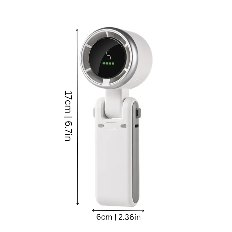 "Sleek portable turbo fan with adjustable speeds, foldable design, and lightweight build, perfect for instant cooling on-the-