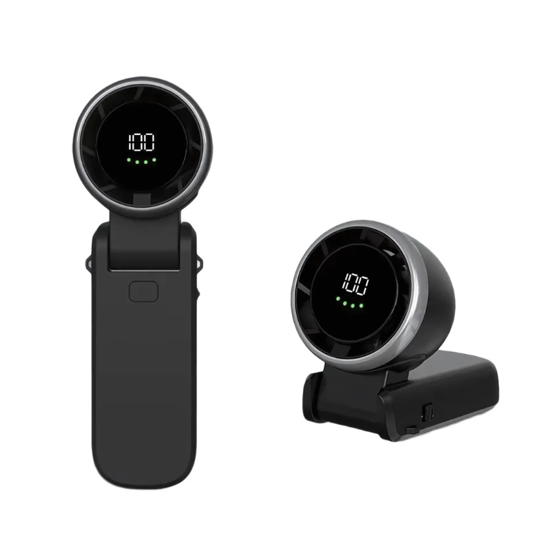 "Sleek portable turbo fan with adjustable speeds, foldable design, and lightweight build, perfect for instant cooling on-the-