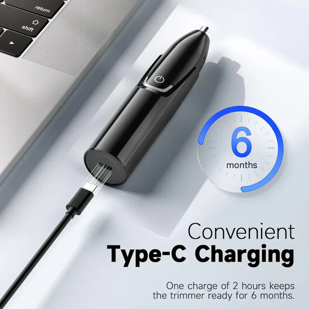 "Sleek rechargeable nose & ear trimmer for men, ergonomic design, powerful motor, dual-edge, cordless, travel-ready."
