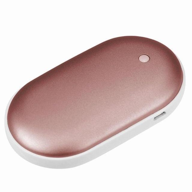 "Sleek silver portable USB hand warmer and powerbank, compact size, double-sided heating, ideal for chilly outdoor use."