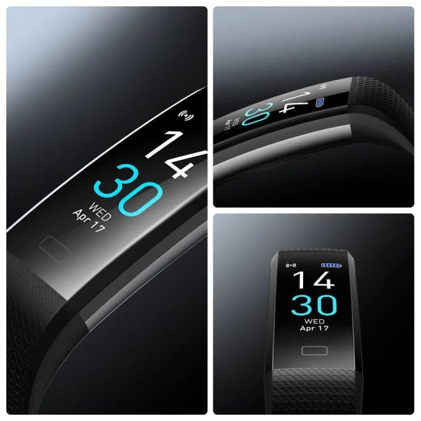 "Sleek smartwatch with optical sensors for heart rate, blood pressure tracking, black strap, rectangular touchscreen display.