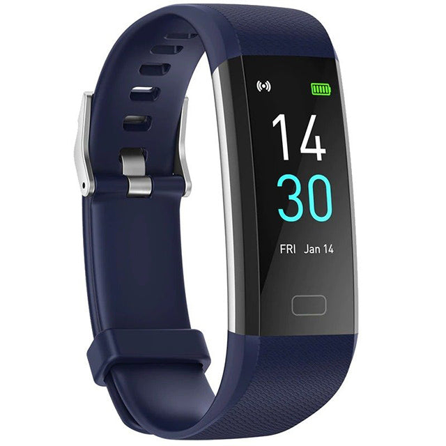 "Sleek smartwatch with optical sensors for heart rate, blood pressure tracking, black strap, rectangular touchscreen display.