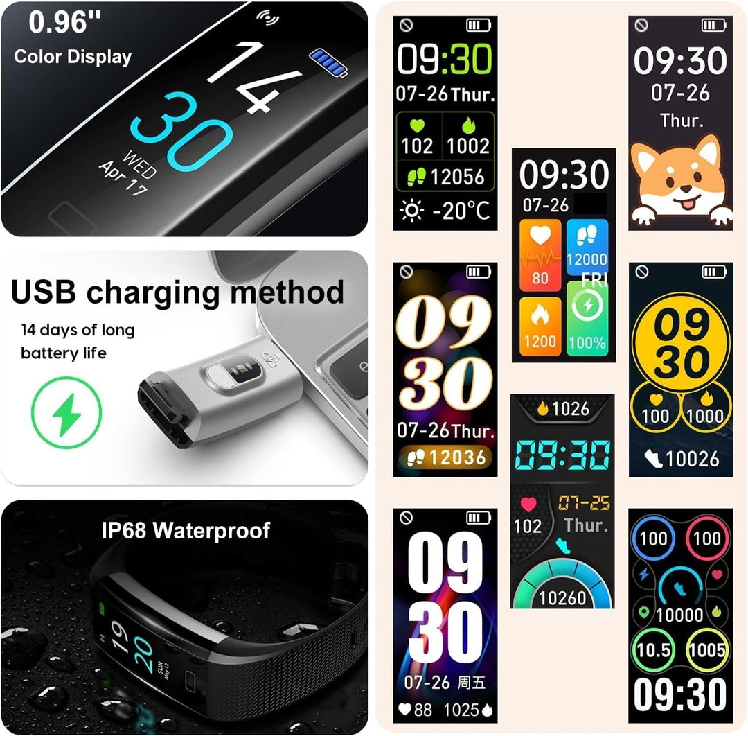 "Sleek smartwatch with optical sensors for heart rate, blood pressure tracking, black strap, rectangular touchscreen display.