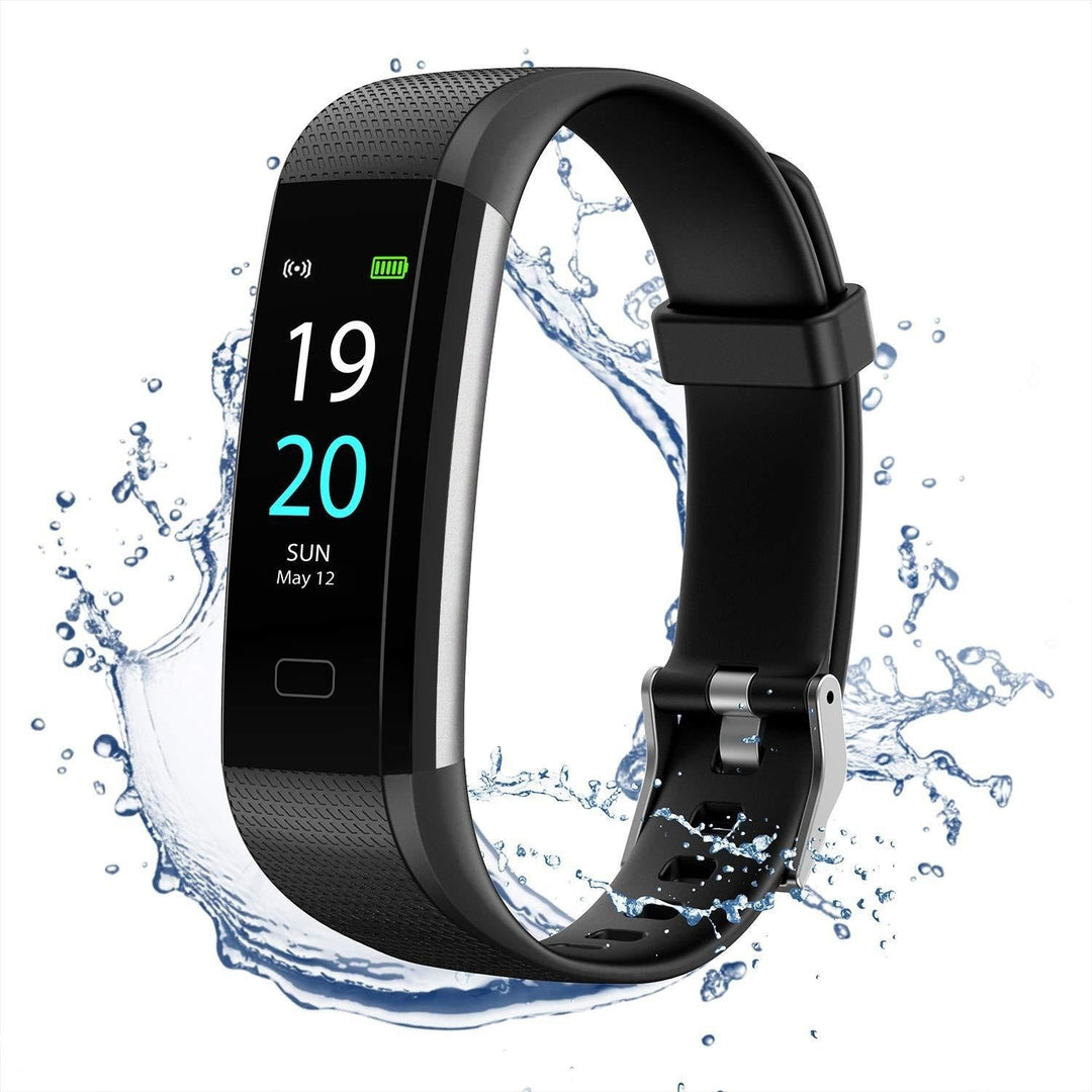 "Sleek smartwatch with optical sensors for heart rate, blood pressure tracking, black strap, rectangular touchscreen display.