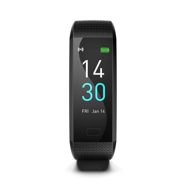 "Sleek smartwatch with optical sensors for heart rate, blood pressure tracking, black strap, rectangular touchscreen display.