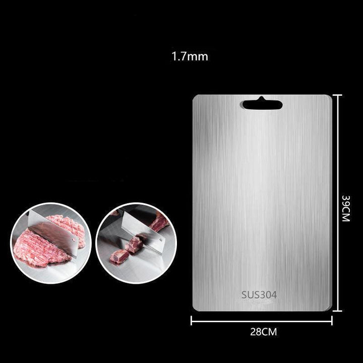 "Sleek stainless steel cutting board in use, showing durability and knife-friendly surface for kitchen prep tasks."