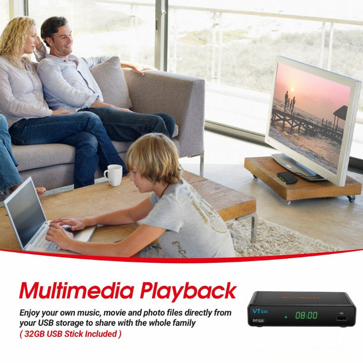 "Sleek V7 S5X HD Freeview Box Recorder, compact design, black finish, 1080p HD output, fits any living room setup."