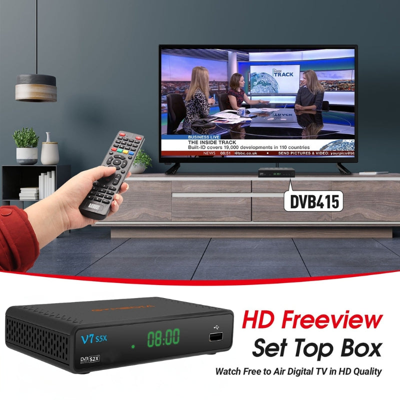 "Sleek V7 S5X HD Freeview Box Recorder, compact design, black finish, 1080p HD output, fits any living room setup."