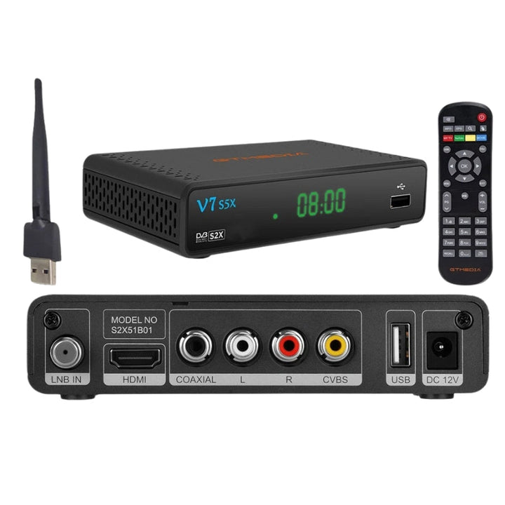 "Sleek V7 S5X HD Freeview Box Recorder, compact design, black finish, 1080p HD output, fits any living room setup."