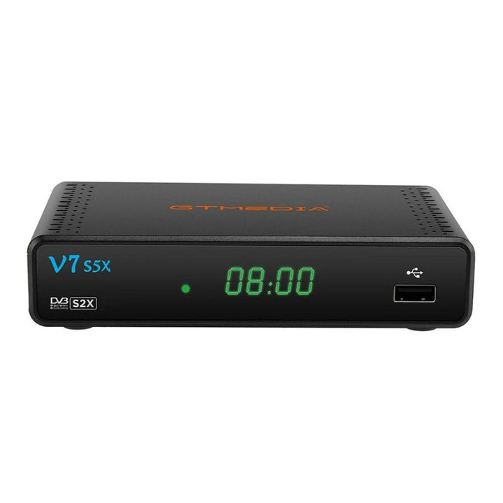"Sleek V7 S5X HD Freeview Box Recorder, compact design, black finish, 1080p HD output, fits any living room setup."