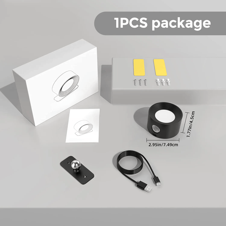 "Sleek wireless rechargeable wall light with magnetic mount and 360° rotation for modern home interiors."