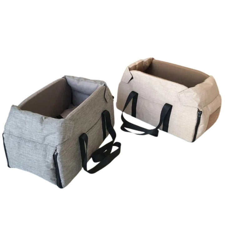 "Small Dog Cosy Car Seat Carrier Basket with padded interior, sleek design, fits securely in car for safe pet travel."