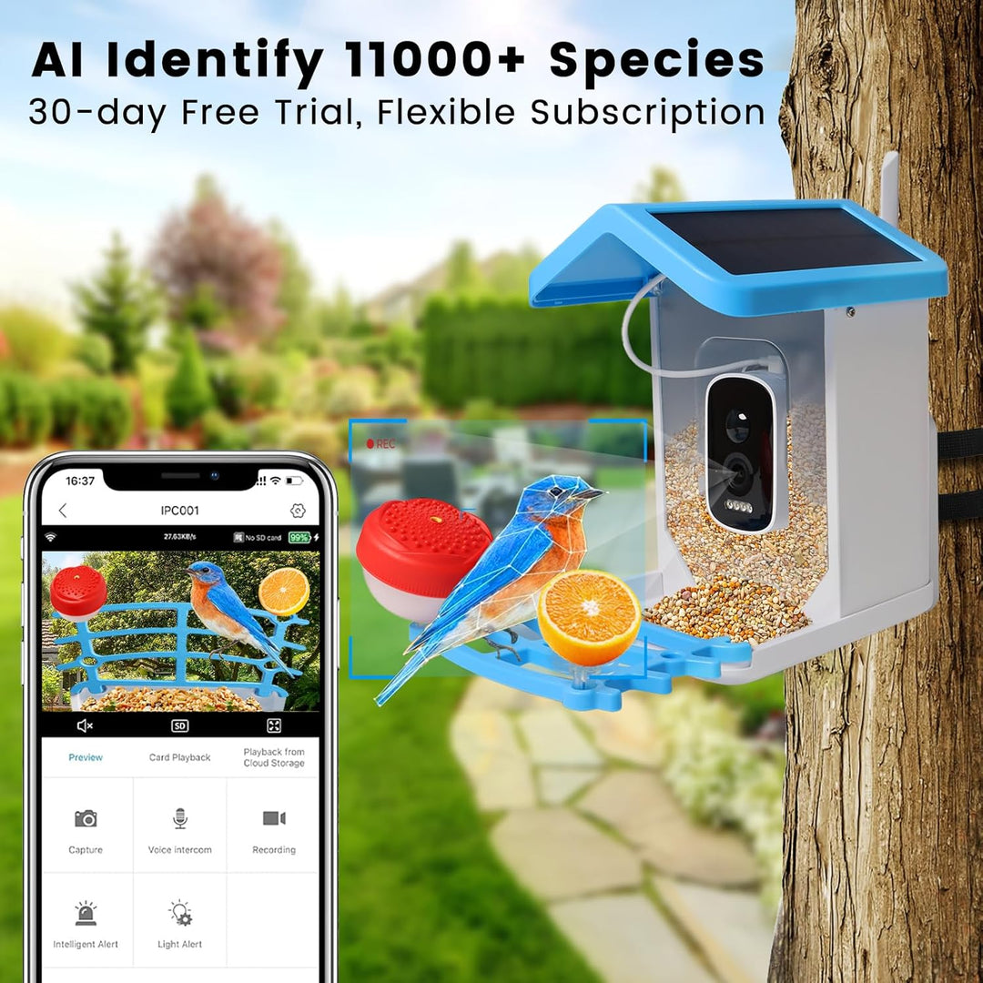 Smart bird feeder with HD camera, night vision, solar power; perfect for nature lovers, birdwatching in any weather.