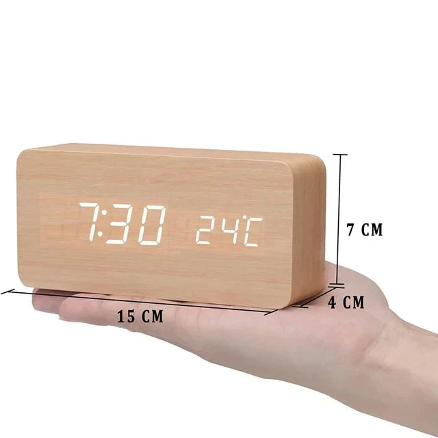 Modern voice-controlled LED alarm clock with a brilliant digital display for smart homes.