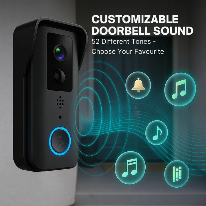 "Smart video doorbell with HD camera, sleek design, weather-resistant, long battery life, ensuring home security."