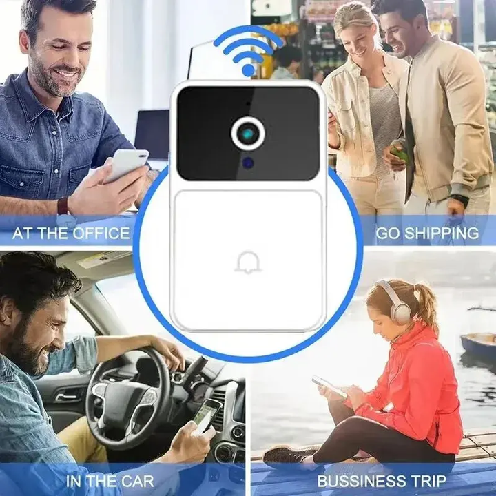 Smart wireless video doorbell camera with night vision, featuring sleek design and HD lens for enhanced home security.
