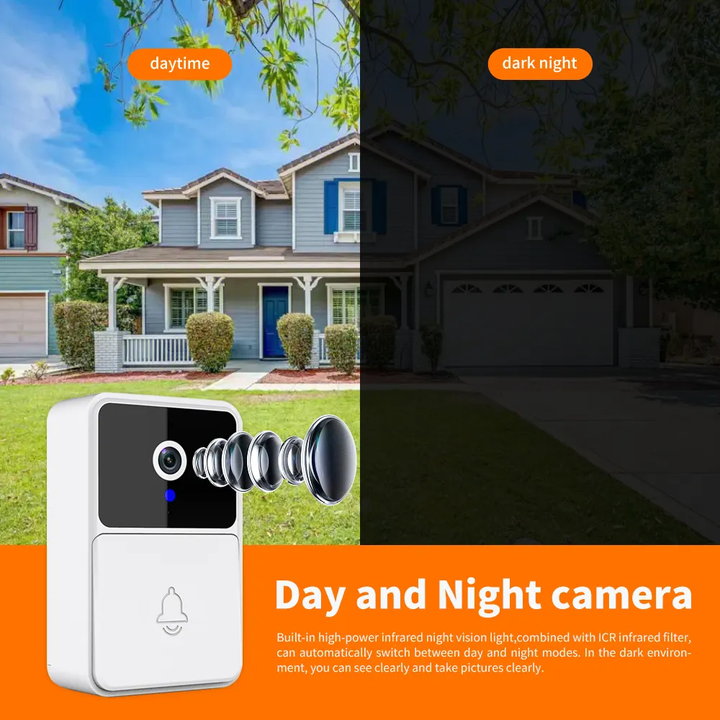 Smart wireless video doorbell camera with night vision, featuring sleek design and HD lens for enhanced home security.