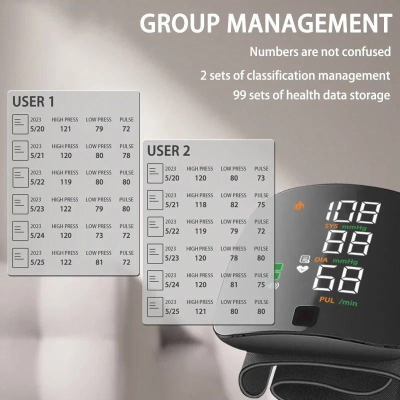 "Smart wrist blood pressure monitor with LCD, voice alerts, compact design, ideal for health & wellness monitoring."