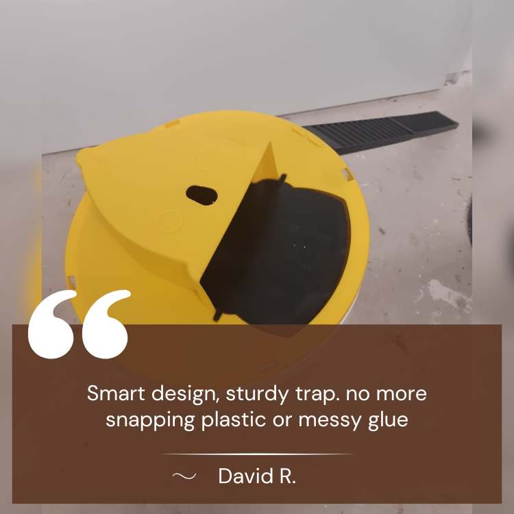 "SmartCatch hands-free mouse trap, automatic reset, child-safe, durable plastic, compact design, rodent control solution."