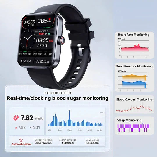 Smartwatch with sleek design for non-invasive glucose monitoring, fitness, heart, and sleep tracking, black and gold options.