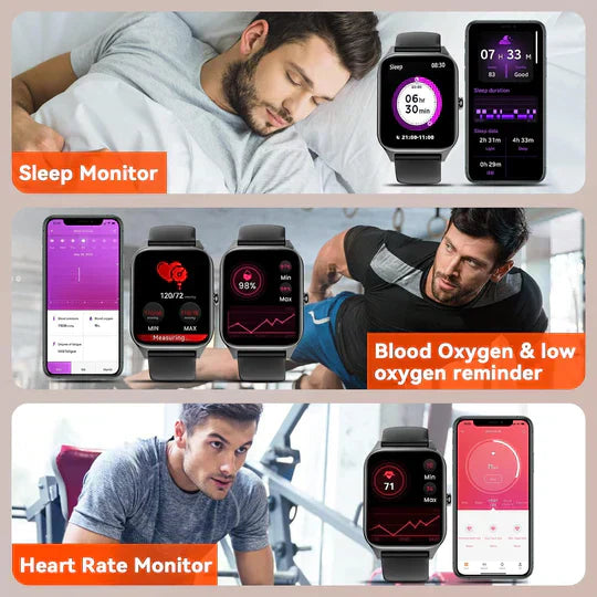 Smartwatch with sleek design for non-invasive glucose monitoring, fitness, heart, and sleep tracking, black and gold options.