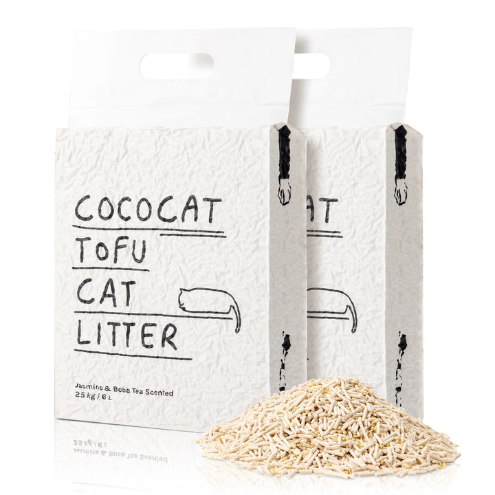 "Soft beige tofu cat litter, eco-friendly, plant-based, flushable, ideal for sensitive paws; enhances home decor."
