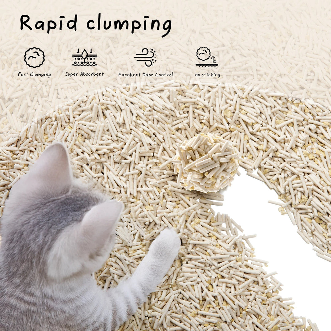 "Soft beige tofu cat litter, eco-friendly, plant-based, flushable, ideal for sensitive paws; enhances home decor."