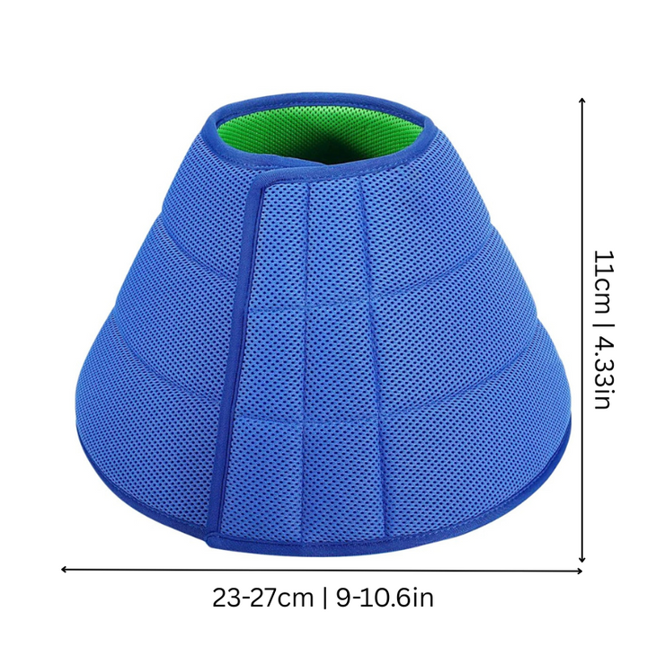 "Soft mesh pet recovery collar, adjustable and comfortable, allows unhindered vision and movement for gentle pet care."