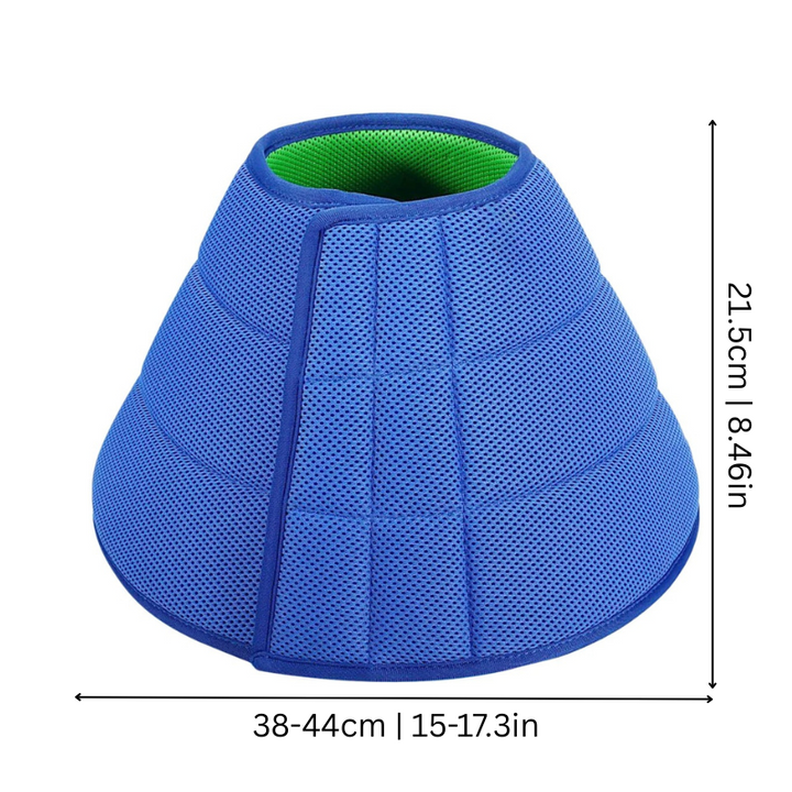 "Soft mesh pet recovery collar, adjustable and comfortable, allows unhindered vision and movement for gentle pet care."