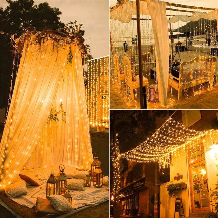 "Solar LED curtain light with copper wire, ideal for events, featuring warm white LEDs and solar power, outdoor use."