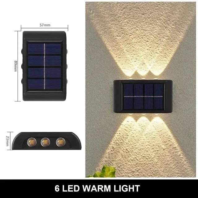 Solar LED Outdoor Wall Light, IP65 waterproof, warm white glow, durable ABS, eco-friendly for gates, doorways, patios.