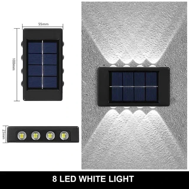 Solar LED Outdoor Wall Light, IP65 waterproof, warm white glow, durable ABS, eco-friendly for gates, doorways, patios.
