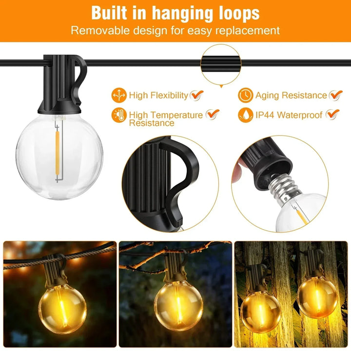 Solar LED string lights with dimmable G40 bulbs; perfect for outdoor, patio decor, offering warm glow and adjustable modes.