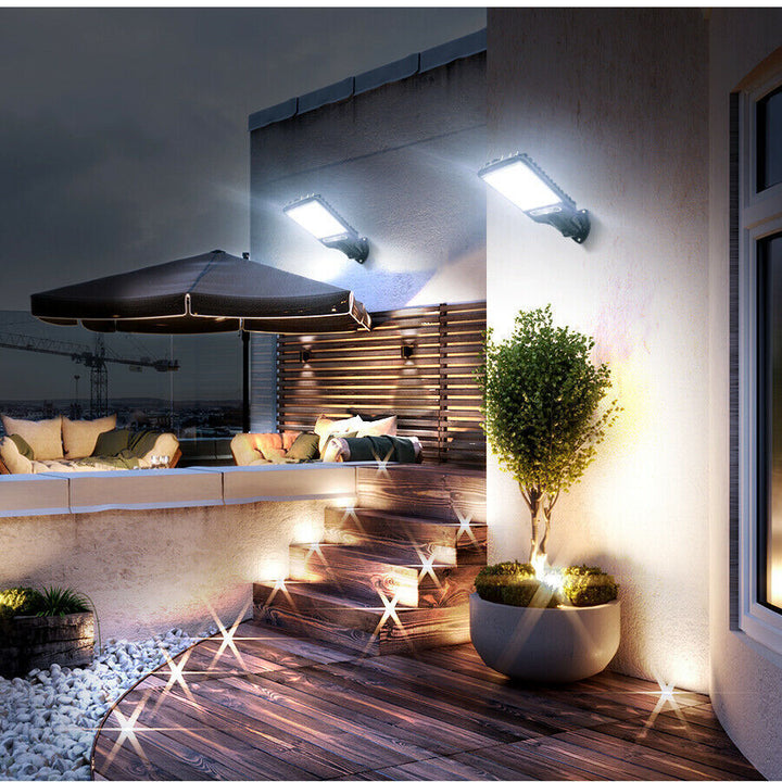 Solar-powered LED street lamp with ultra-bright 6000K LEDs, adjustable modes, motion sensor, and weatherproof IP65 design.