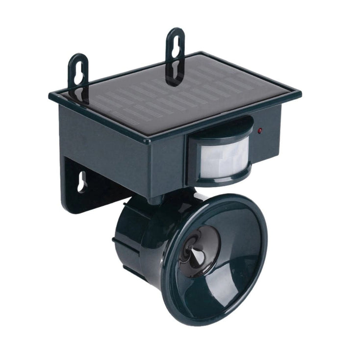 "Solar-powered motion sensor bird repeller, green and gray, for eco-friendly outdoor pest control in gardens and patios."