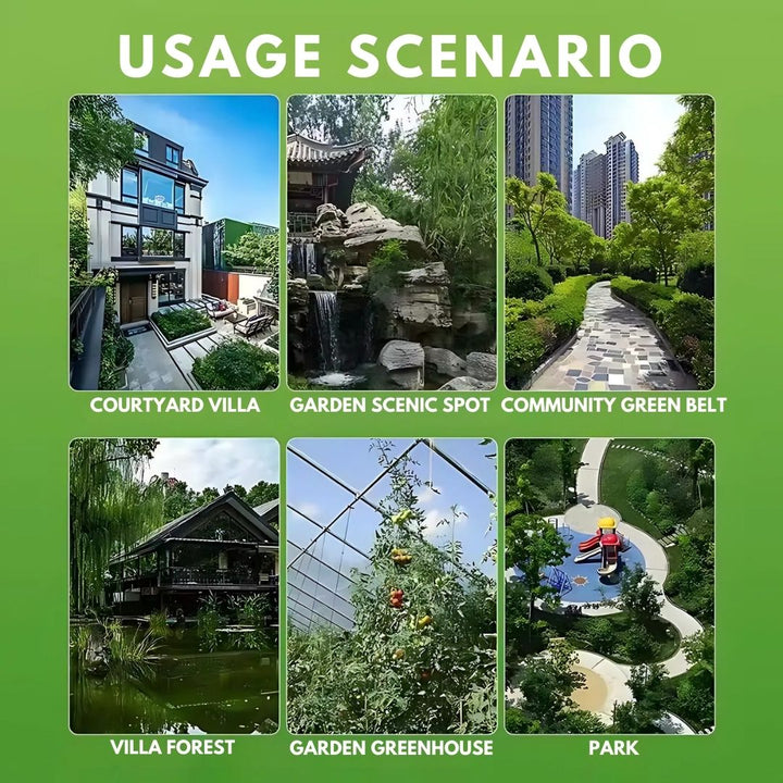 "Solar-powered motion sensor bird repeller, green and gray, for eco-friendly outdoor pest control in gardens and patios."