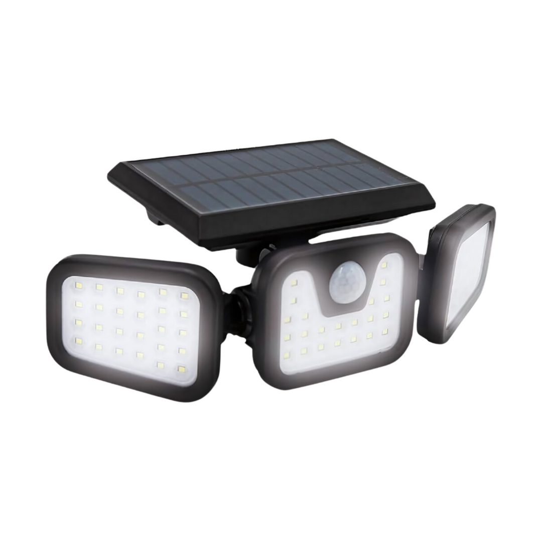 "Solar-powered outdoor light with motion sensor, multiple adjustable panels, eco-friendly for gardens and driveways."