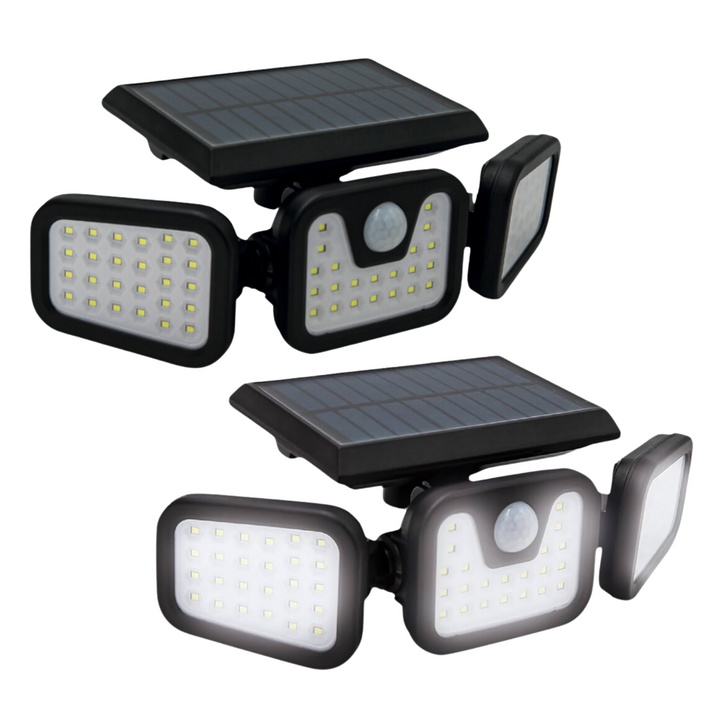 "Solar-powered outdoor light with motion sensor, multiple adjustable panels, eco-friendly for gardens and driveways."