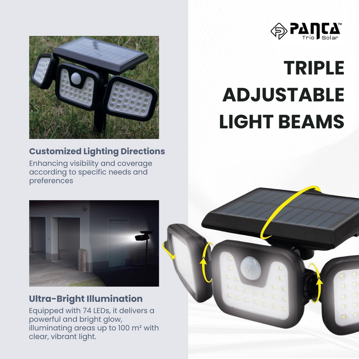 "Solar-powered outdoor light with motion sensor, multiple adjustable panels, eco-friendly for gardens and driveways."