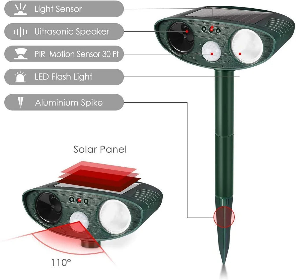 Solar-powered ultrasonic deer repeller with green casing, motion sensor, solar panel, ideal for outdoor garden protection.