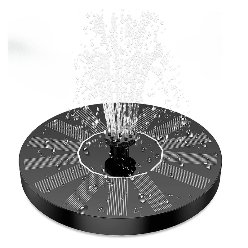 Solar-powered water feature for outdoor use, floating design, customizable spray, eco-friendly garden decoration.