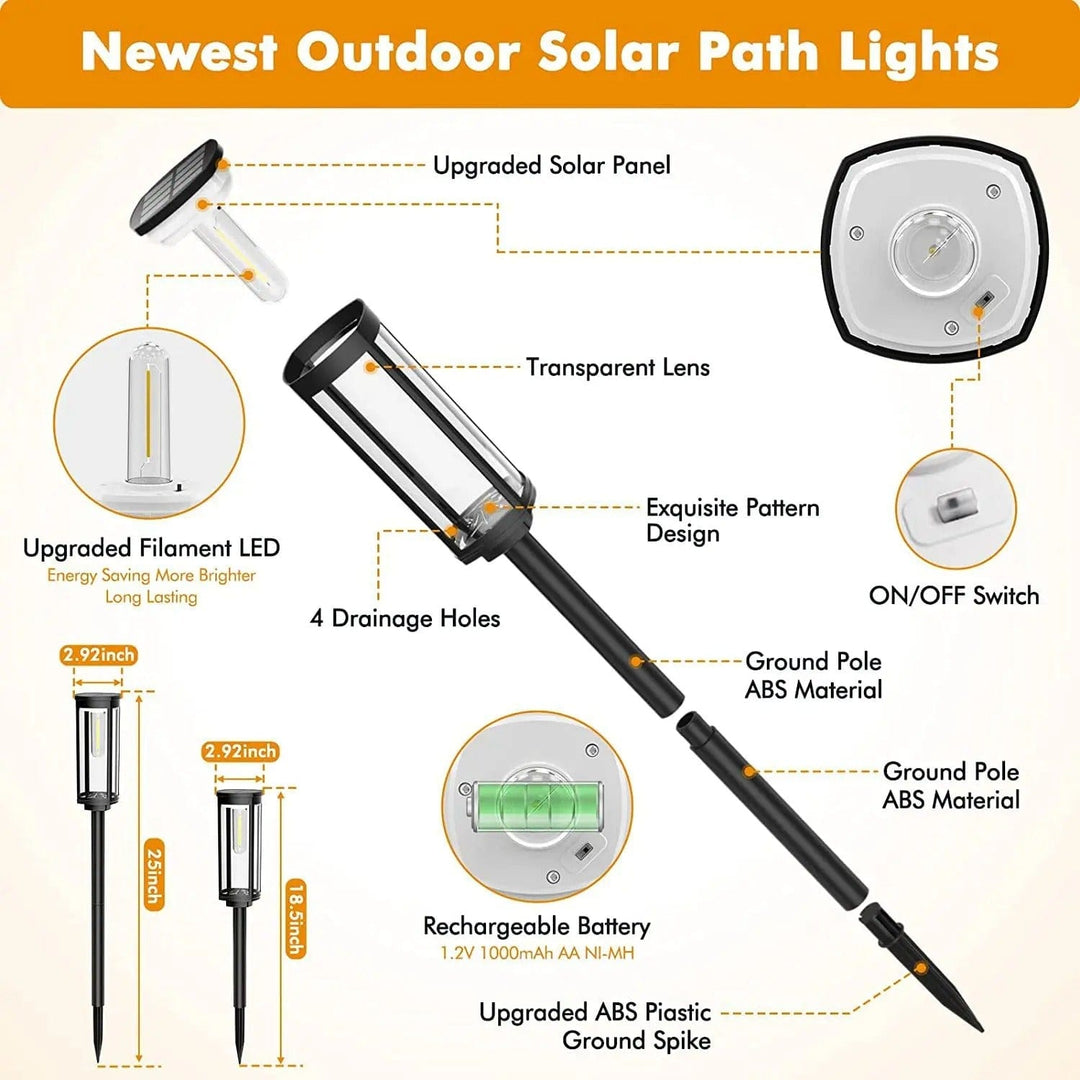 Solar-powered waterproof garden torch with flickering glow, decorative design, illuminating gardens, patios, and pathways.