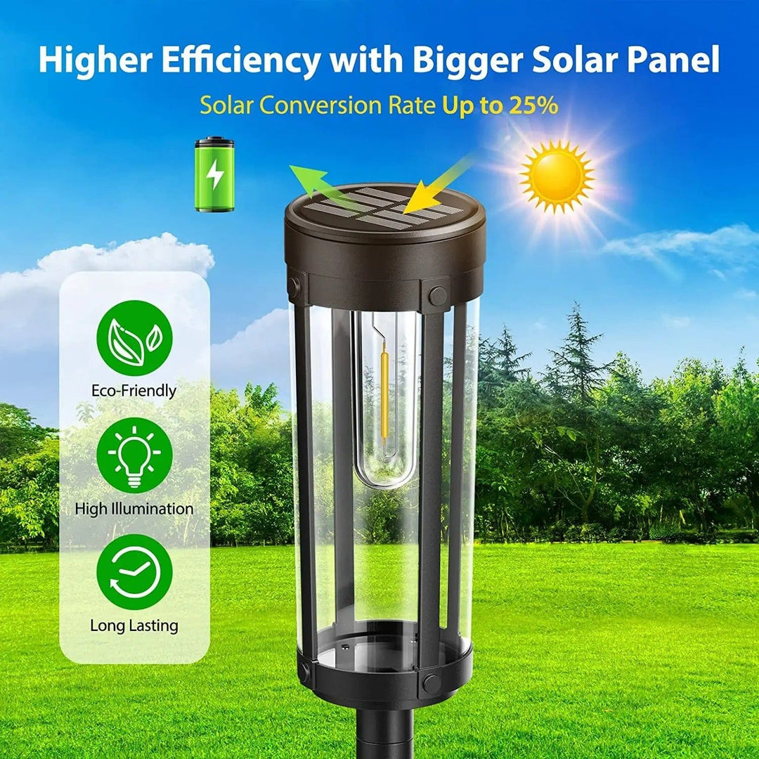 Solar-powered waterproof garden torch with flickering glow, decorative design, illuminating gardens, patios, and pathways.