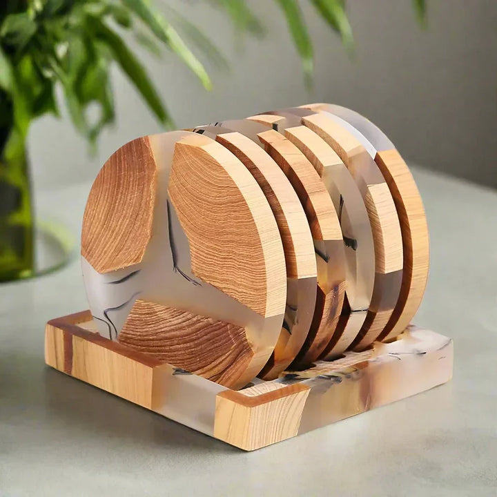 "Solid wood coasters with Japanese design, featuring natural tones and vibrant resin accents, perfect for table protection."