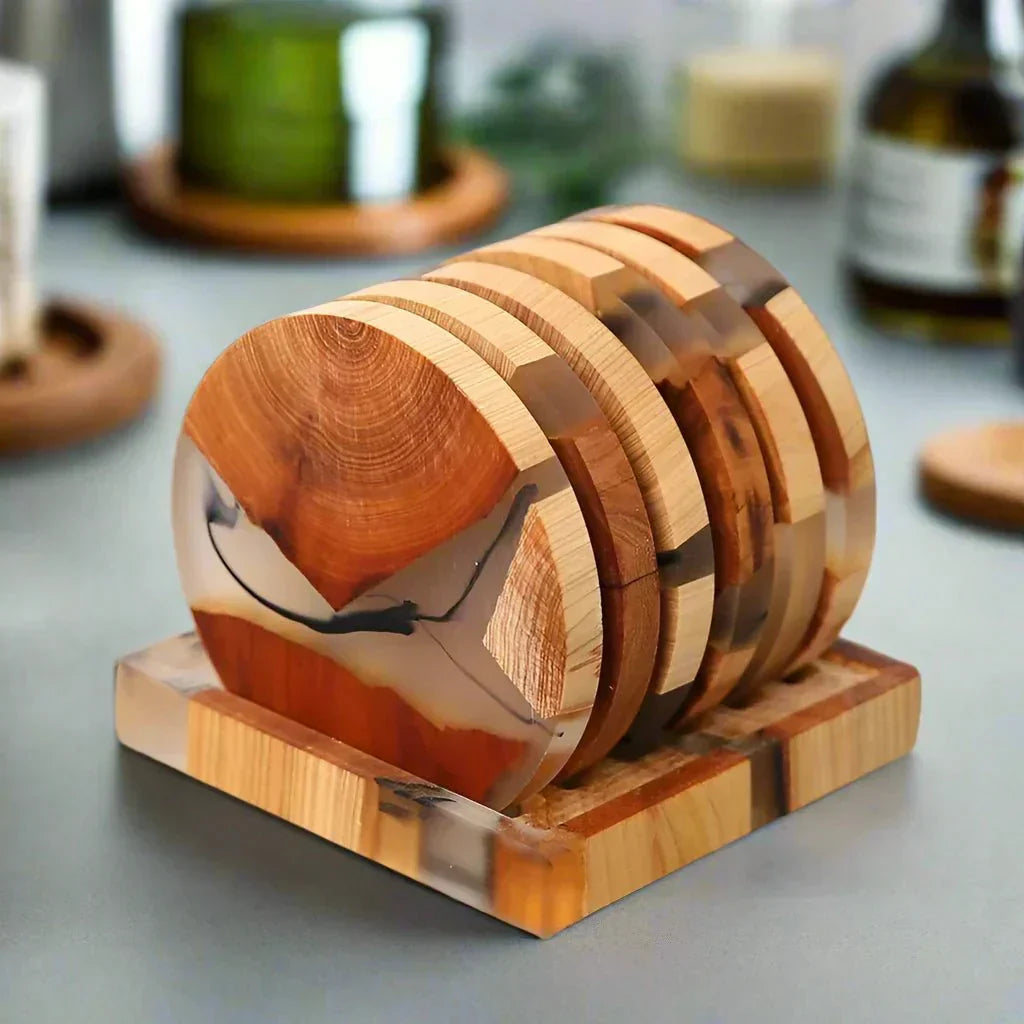 "Solid wood coasters with Japanese design, featuring natural tones and vibrant resin accents, perfect for table protection."