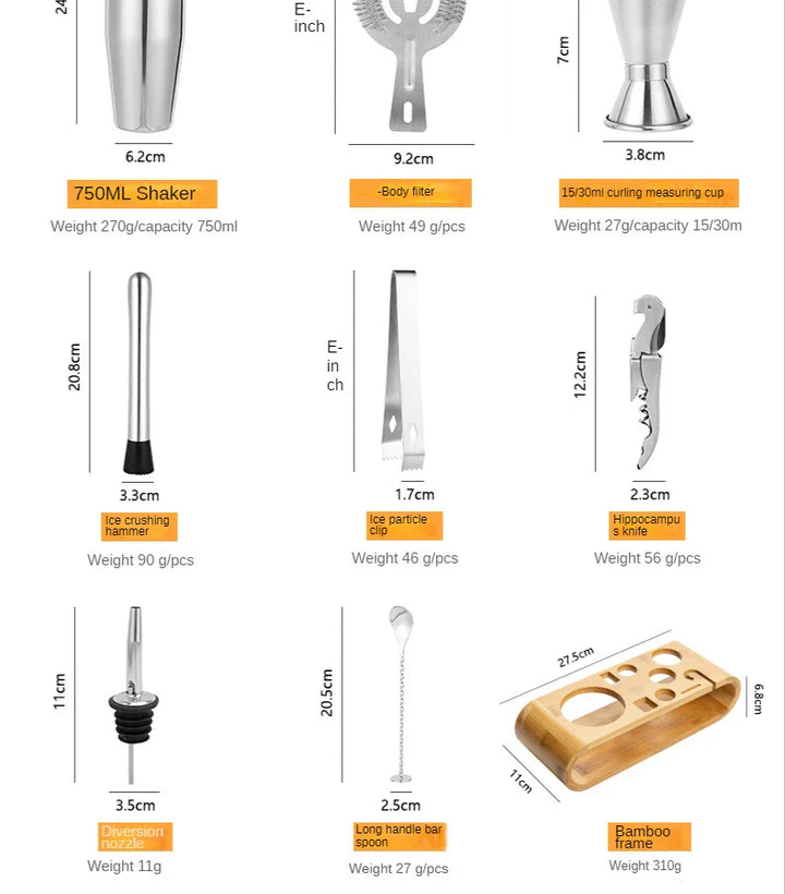 Sophisticated 10-piece stainless steel cocktail set with shaker, jigger, spoon, muddler, pourers, tongs, and storage stand.