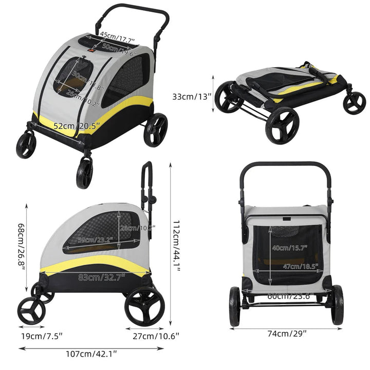 Spacious collapsible 4-wheeler dog stroller for large breeds, featuring breathable mesh and durable all-terrain wheels.