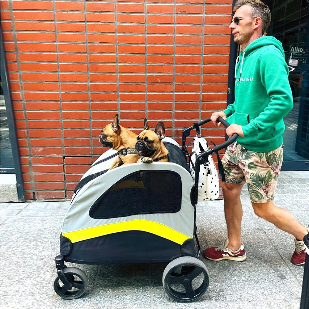 Spacious collapsible 4-wheeler dog stroller for large breeds, featuring breathable mesh and durable all-terrain wheels.