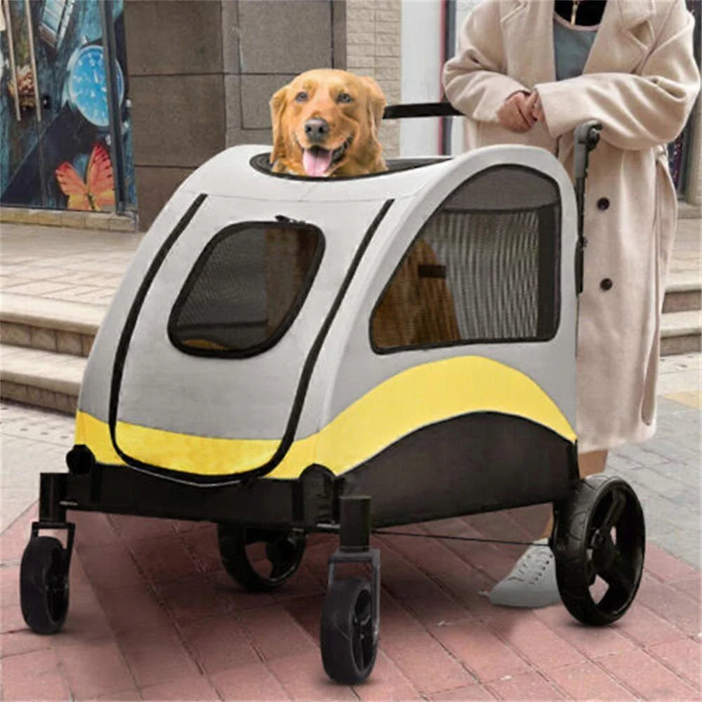 Spacious collapsible 4-wheeler dog stroller for large breeds, featuring breathable mesh and durable all-terrain wheels.